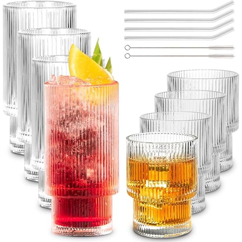 4pcs 11oz Glass Cups with Straws & 4pcs 6oz Cocktail Glasses